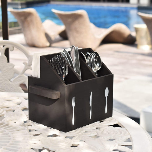 Ikee Design Wooden Utensil Caddy with Handles, Silverware Holder for Countertop, Camping, and Kitchen, Black