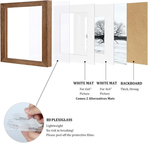 8x8 4x4/6x6 8x8 Set 4 Egofine Picture Frame Made of Solid Wood with Plexiglass, Display Pictures with Mat or Without