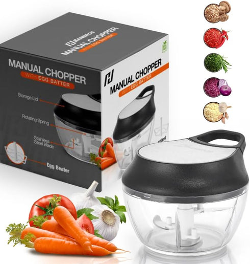 Manual Food Processor Vegetable Chopper, Portable Hand Pull String Garlic Mincer, 2 Cup with Egg Batter Peeler