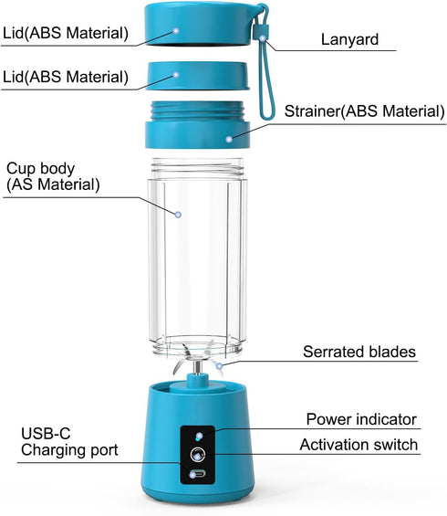 Portable Blender for Shakes and Smoothies, Cordless Personal Mini 13oz Blender Bottle, USB Rechargeable Travel Juicer