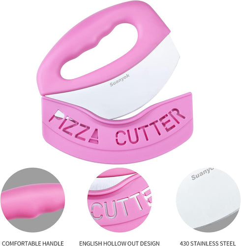 Premium Pizza Cutter Food Chopper-Super Sharp Blade Stainless Steel Pizza Cutter Rocker Slicer with Protective Sheath Multi Function Pizza Knife Kitchen Tools,Dishwasher Safe (Pink) by Suanyok