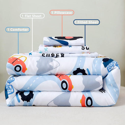 4 Sets PERFEMET Car Toddler Bedding Kids Pieces Bed in A Bag for Boys Vehicles Truck Toddler Girl Comforter with Bed