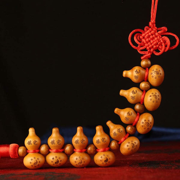 Traditional Chinese Peach Wood Eight Hoist Gourd, Chinese Good Luck Wu Lou/Hu Lu Gourd Tassel Hanging Charm Feng Shui