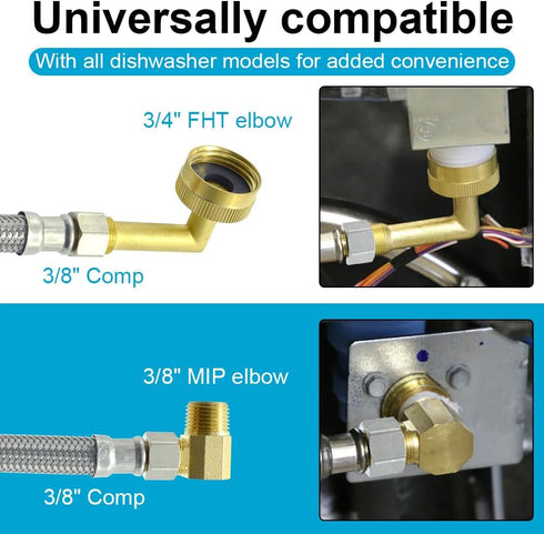 Universal Dishwasher Installation Kit, 12 Ft Stainless Steel Hose with Burst Proof Water Supply Line & 3/8" Compression