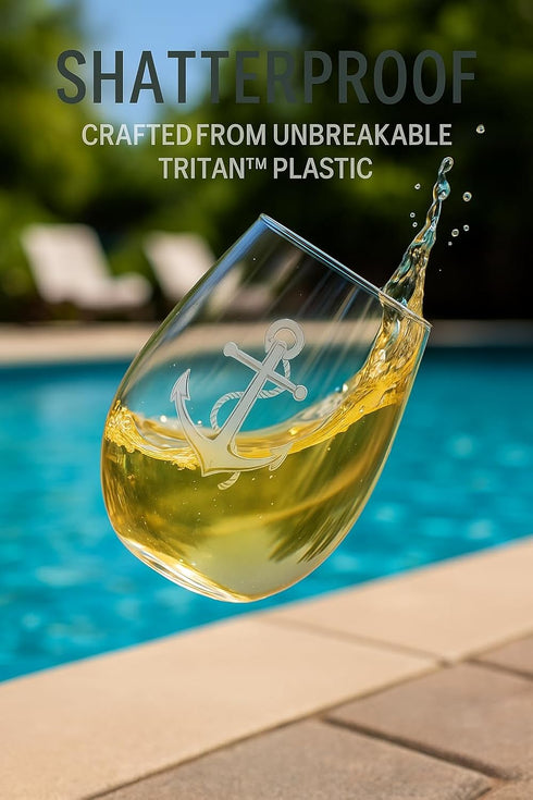 Set of 4 Stemless Boat Wine Glasses – 16oz Unbreakable Nautical Glasses with Anchor, Compass, Helm & Life Ring,