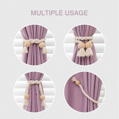 2 Pack NICEEC Wooden Ball Magnetic Curtain Tiebacks Boho Home Decor Drape Tie Backs Natural Cotton Hand Woven Rope
