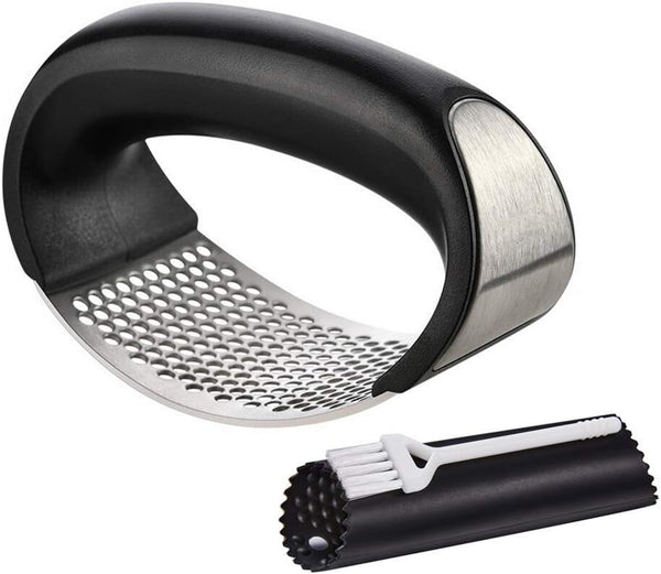 Garlic Press Rocker Stainless Steel - 3-in-1 Garlic Mincer, Peeler Silicone, Brush, Pounding Tool Mincer Masher