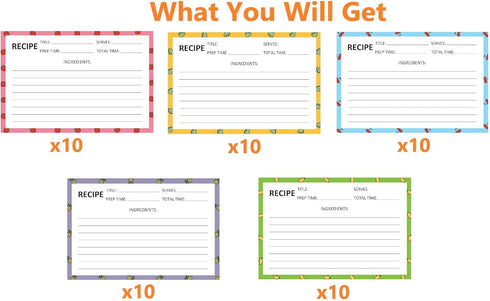 Recipe Cards 50 PCS 4x6 inch Double Sided Thick Card Stock - Original 5 Fruit Design for Recipe Binder or Box Gift