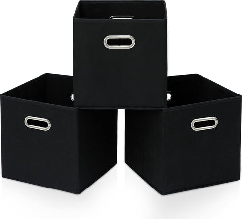 Black Fabric Storage Bins, 11X11X11 Cubes with Dual Handles, Foldable Set of 3 for Closet
