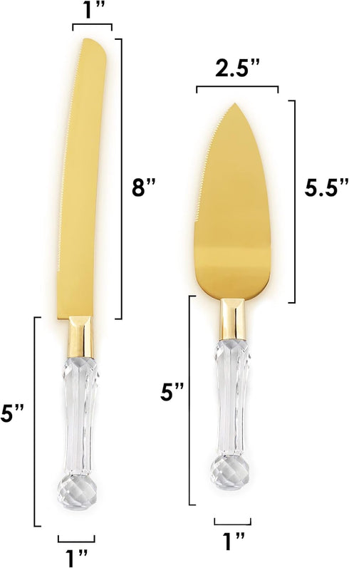 Wedding Cake Knife and Server Set, Gold Cake Cutter and Pie Spatula with Crystal Handles