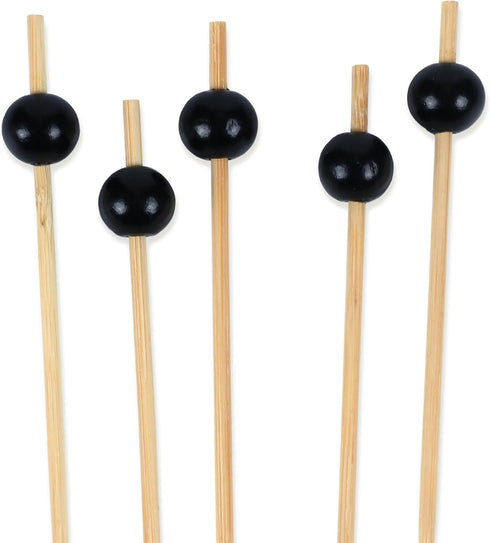 BambooMN Decorative Ball End Cocktail Picks, 4.7" Black, 100 pcs for Events and Parties