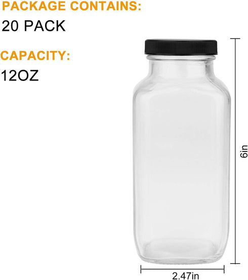 Encheng Beverages Drinking Bottles 12oz, Glass Water Bottle with Lids, Octagonal Vintage Juice Bottles 20Pack