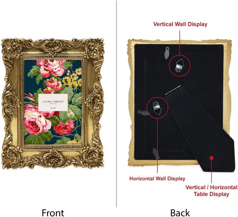 Laura Ashley 4x4 Gold Ornate Textured Hand-Crafted Resin Picture Frame with Easel & Hook for Wall & Tabletop Display,