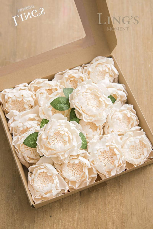 Ling's Moment Flowers - 16pcs Cream Blooming Peonies Artificial Flowers with Stem for DIY Wedding Decorations,