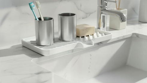 3-Way 10"x4", 7.8 Happitasa Silicone Soap Dish Tray and Sponge Holder with Drain Chute and Feet | Sloped Design |