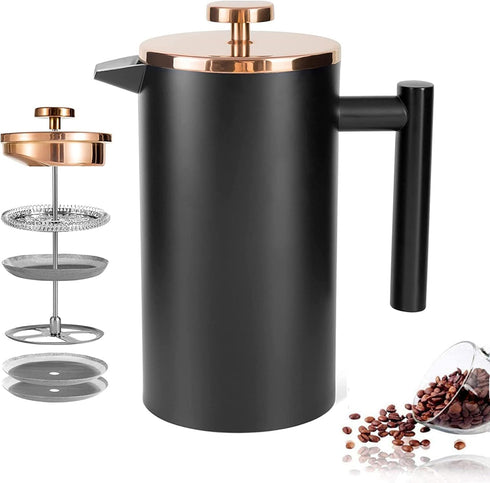 Miuly French Press Coffee Maker, 21Oz, Stainless Steel, 3 Level Filtration, Double Wall Insulated