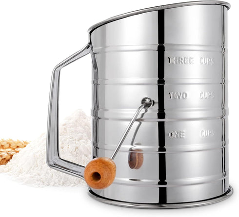 Flour Sifter, 3 Cup Stainless Steel Rotary Hand Crank for Baking Fine Mesh, Quick Sifting Tool