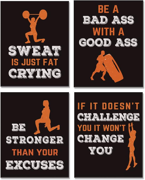 Sports Art Print Set of 4, Inspirational Fitness Quote Wall Art, Motivational Bodybuilding Phrases, Gym Training Decor