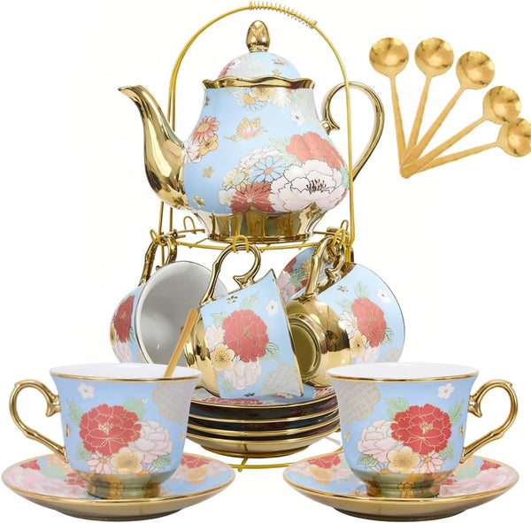 CHANJOON Gold Plated Red Rose Ceramic Tea Set, Vintage Tea Sets with Teapot,