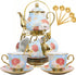 CHANJOON Gold Plated Red Rose Ceramic Tea Set, Vintage Tea Sets with Teapot,