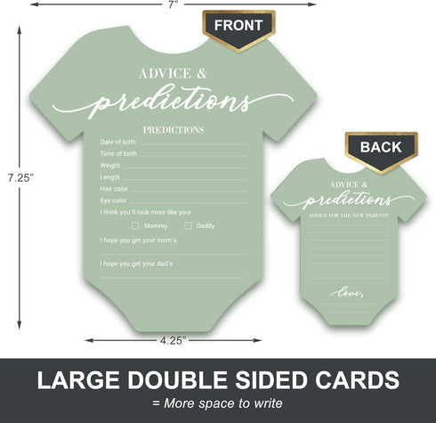 50 (Set 50) Baby Shower Advice & Prediction Cards - For Guests - Green Onesie Double Sided Advice + Predictions Cards