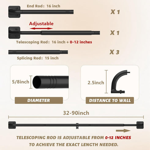 Curtain Rods for Windows, 48 to 84 inch, 5/8" Diameter Black Ceiling Mount Warp Around Rod