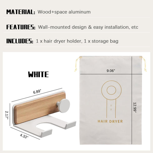 Wall Mounted Hair Dryer Holder with Storage Bag, Drill-Free Adhesive Blow Dryer Holder for Bathroom