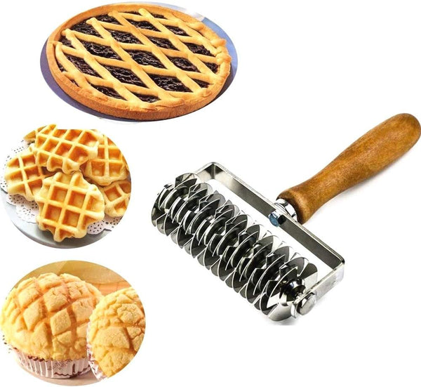 Hosmide Kitchen Baking Dough Cookie Pie Pizza Pastry Lattice Roller Cutter Tool - Stainless Steel with Wood Handle
