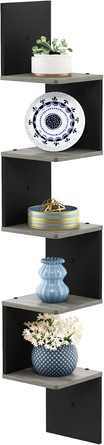5-Tier Furinno ROSSI Corner Floating Shelves for Wall, Corner Square Wall Shelf, S-shape Radial Floating Book Shelf