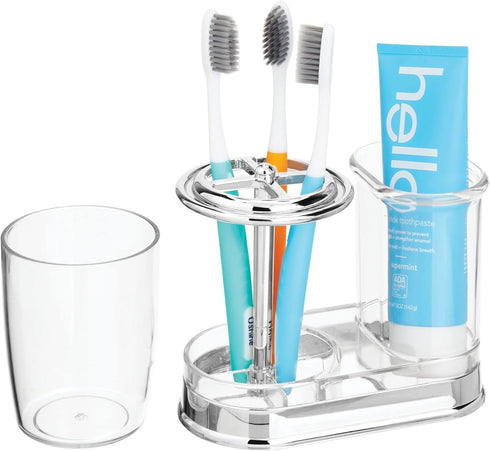 Countertop mDesign Plastic Toothpaste and Toothbrush Holder Center with Cup/Cover - Organizer for Bathroom Vanity
