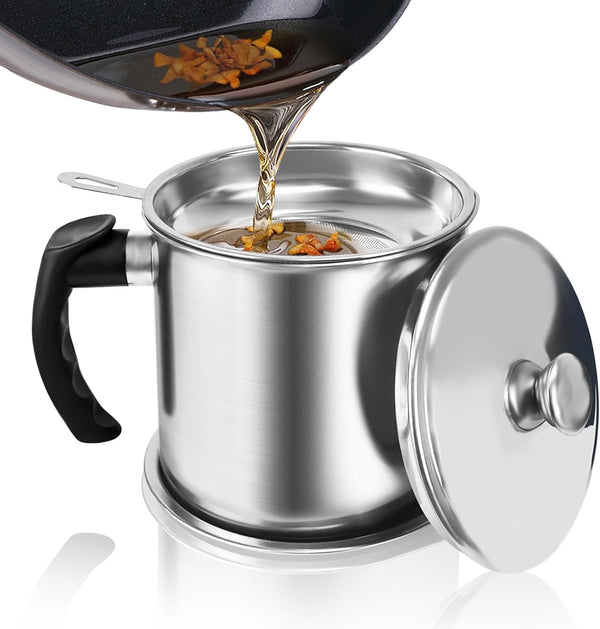 Bacon Grease Container with Strainer - 1.3L Stainless Steel Oil Container for Storing Cooking Grease