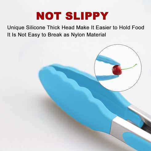 Set of 2 Kitchen Tongs, 9-Inch & 12-Inch Premium Stainless Steel Locking Silicone Grilling Barbeque Food Tong, Blue