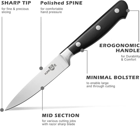 KUMA 3.5 Inch Paring Knife, Pro Bolster Japanese Profile Kitchen Knife for Detailing, Stainless Steel Vegetable & Fruit