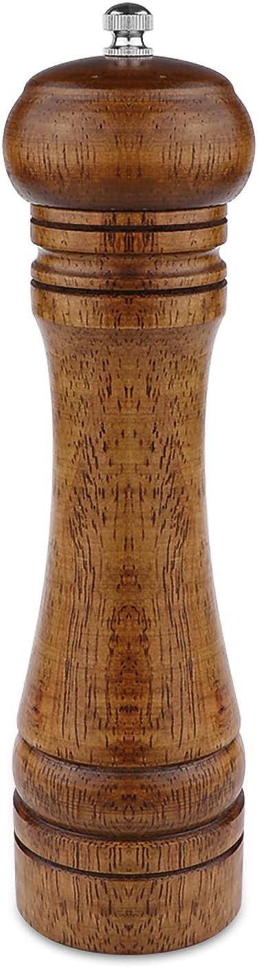 8 Inch Oak Wooden Pepper Mill Grinder - Refillable with Adjustable Coarse to Fine (1 Pack)