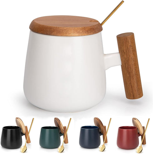 Ceramic Coffee Mug, 14 Oz Tea Cup with Lid and Spoon, Fathers Day, Birthday Gifts for Women and Men, 1 Pack (White)