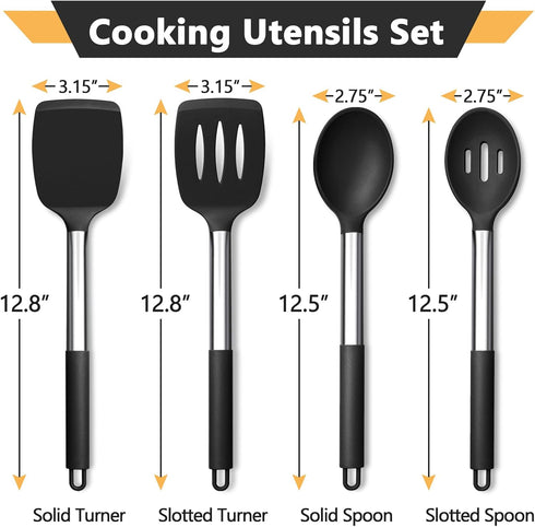 P&P CHEF Black Kitchen Cooking Utensil Set of 4, Silicone Solid Spatulas Slotted Spoons Turners for Non-stick Cookware Flipping Mixing, Heat-proof by P&P CHEF