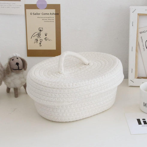 Handmade Cotton Rope Storage Basket with Lid, White Rope Bin for Makeup, Sundries, Snack, Needles - Desktop Storage Box
