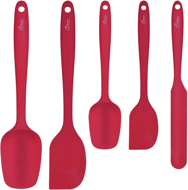 HOTEC Heat Resistant Silicone Rubber Spatula Set - 600? BPA-Free Kitchen Cooking Spatulas, Red Set of 5