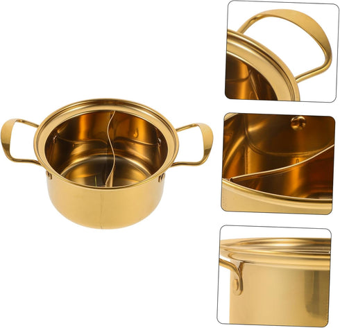 Golden Stainless Steel Small Hot Pot with Divider, Individual Cooking Pot for Noodles, Milk