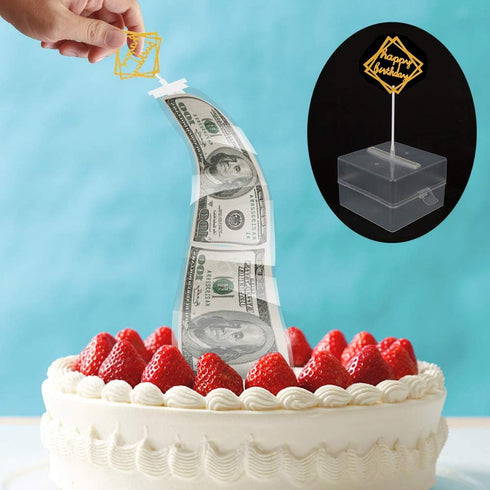 Money Pull Out Kit - Birthday Money Box with 1 Pcs Happy Birthday Cake Topper and 20 Transparent Bag Pockets