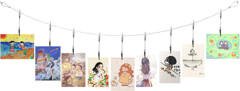 Metal Wall Hanging Photo Display, Steel Cable Wire Rod with 12PCS Alligator Clips, Picture Holders for Postcards and
