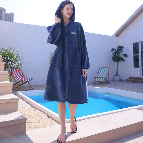 Hiturbo Surf Poncho Zipper Towel Hoodie: Oversized Hooded Wetsuit Changing Robe with Pocket - Plush Coral Fleece