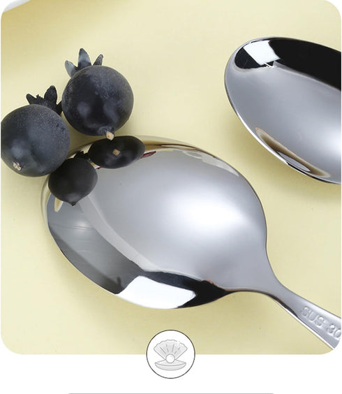 Stainless Steel Spoons, Korean Dessert Spoon with Imitation Pearl Handle, 8.4 Inches, Set of 4, Pink.