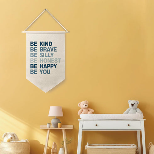 Qpenm Be Kind Be Brave Inspirational Boy Hanging Wall Canvas Banner, Blue Boy Nursery Hanging Pennant Flag Prints