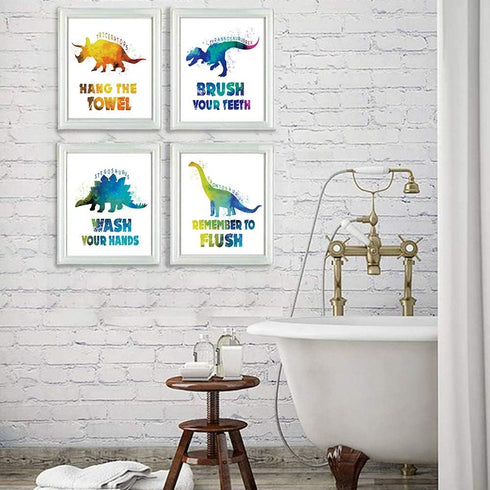 CHIEN-CHI LILI Wash Your Hands Dinosaur Bathroom Art Prints Set of 4 (8”X10”), Motivational Quote Decor for Kids