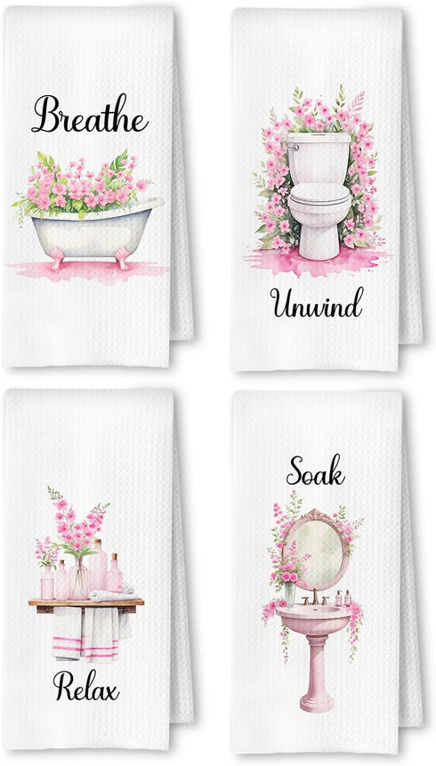 ArtisaEura Farmhouse Pink Botanical Bathroom Hand Towels, Relax Breathe Soak Unwind Botanical Decorative
