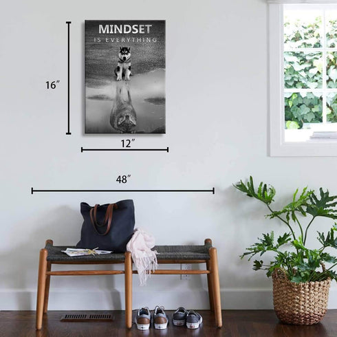 Modern Motivational Bedroom Wall Art, Mindset is Everything Inspirational Office Wolf Motto Artwork, Black and White