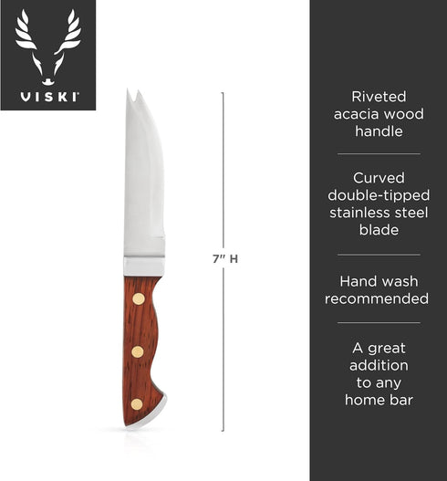Viski Bartender Knife, 7 Inch, Acacia Wood Handle, Double Tipped Stainless Steel Blade, Set of 1