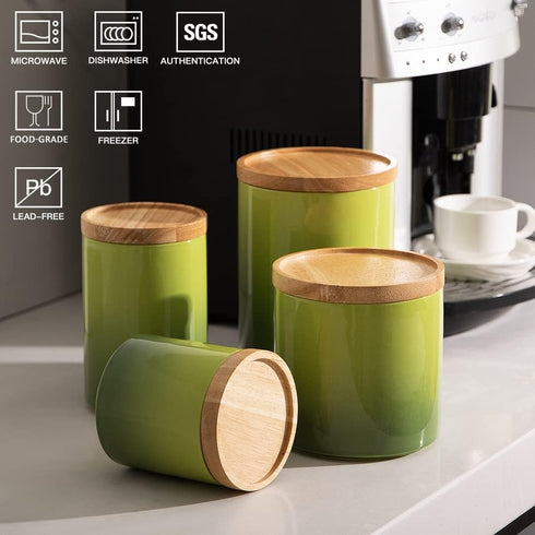 Sweejar Ceramic Food Storage Jar, Stackable Kitchen Canisters with Airtight Seal Wooden Lid, 16 Fl Oz (Gradient Green)