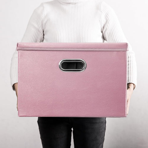 PRANDOM Large Collapsible Storage Box with Lid - 1-Pack Pink Leather Fabric Foldable Organizer Container for Home,
